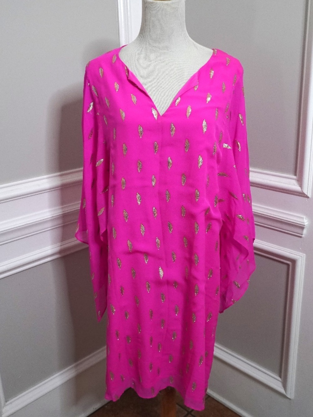 Lilly Pulitzer ‘Shalynn’ Kaftan Silk Dress in Pink Gold Metallic, Size 10